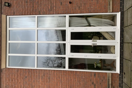 Ivory Woodrain Pvcu French Doors with side panels & large top light windows Ivory Woodrain Pvcu French Doors with side panels & large top light windows,